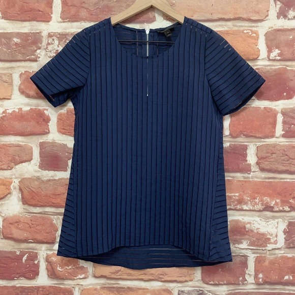 J Crew Top Women's Size 0 Blue Striped Burnout Mesh Zip Up Short Sleeve Blouse - Picture 6 of 8
